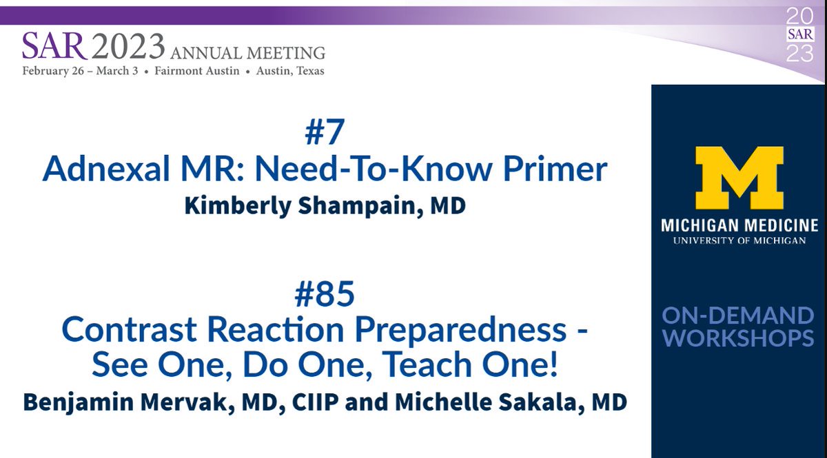 Michigan Radiology (@umichradiology) on Twitter photo Day 1 #SAR2023 Presentations
Adnexal MR: Need-To-Know Primer
Kimberly Shampain, MD <a href="/KimShampainMD/">Kimberly Shampain</a> 
Contrast Reaction Preparedness - See One, Do One, Teach One!
Benjamin Mervak, MD, CIIP @bmervakMD and Michelle Sakala, MD
<a href="/SocietyAbdRad/">Society of Abdominal Radiology | SAR</a> Day 1 #SAR2023 Presentations
Adnexal MR: Need-To-Know Primer
Kimberly Shampain, MD <a href="/KimShampainMD/">Kimberly Shampain</a> 
Contrast Reaction Preparedness - See One, Do One, Teach One!
Benjamin Mervak, MD, CIIP @bmervakMD and Michelle Sakala, MD
<a href="/SocietyAbdRad/">Society of Abdominal Radiology | SAR</a>