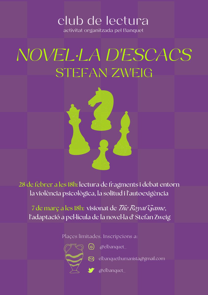 Hola!!!🏺💚

🗓Dimarts 28 de febrer a les 18h a l’aula 40.S16 de la UPF Ciutadella farem el club de lectura de la Novel·la d’escacs!!! 

Encara sou a temps de llegir-lo!

Us hi esperem per comentar el llibre i parlar sobre Stefan Zweig📚