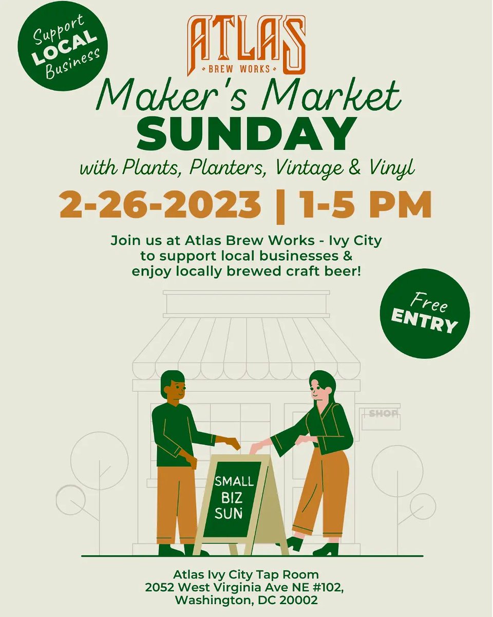 AtlasBrewWorks's tweet photo. 24 awesome vendors on site at our Ivy City location today, starting at 1pm. Food, sweet treats, coffee, plants, vintage. All small local businesses. Come and support. https://t.co/xymH4PbLI9