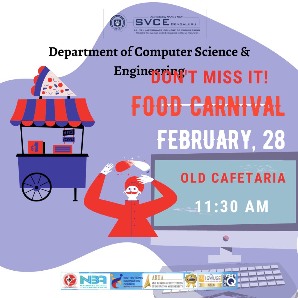 SvceBengaluru's tweet image. On behalf of #nationalscienceday , #departmentofcomputerscienceandengineering is organising Food Carnival on 28th February at 11.30 am at Old Cafetaria #svce #svcebengaluru #svcebangalore #bestengineeringinstitute #bengalurucollege