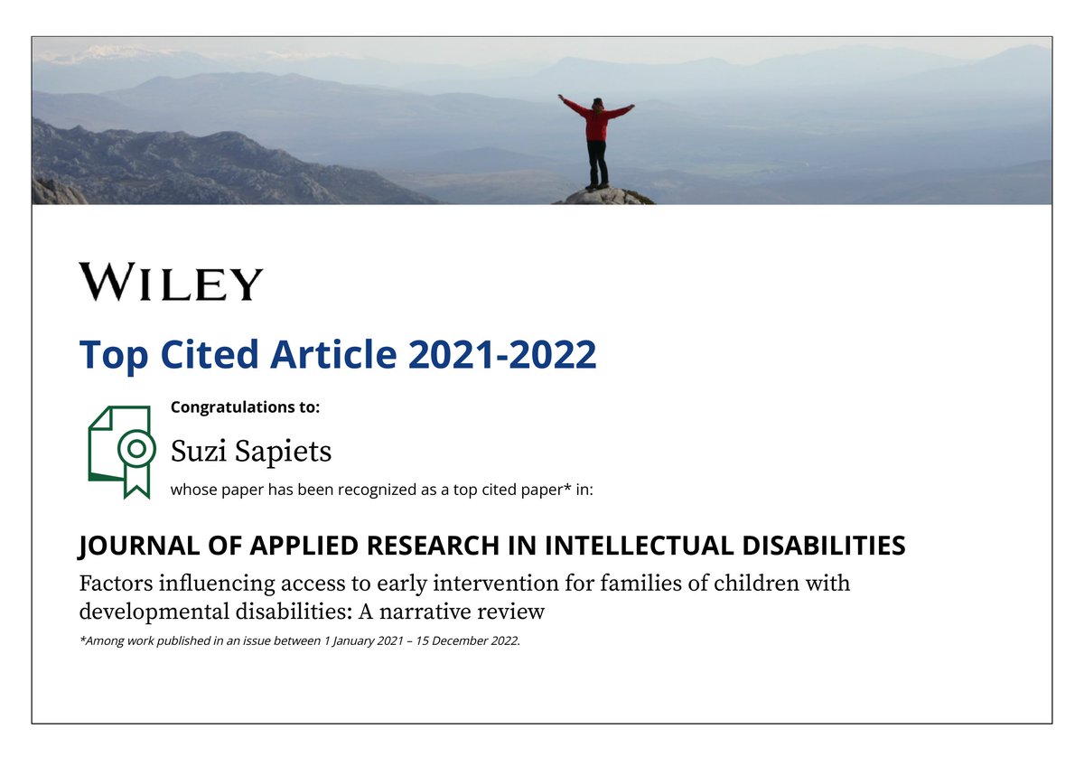 Some good news - our review of factors influencing access to early support is a Top Cited Aticle 2021-2022 in @_JARID_🙂@VasoTotsika @ProfRHastings #EarlySupport #DevelopmentalDelay #LearningDisability #Autism #IntellectualDisability #ActuallyAutistic #Accessibility #SEND