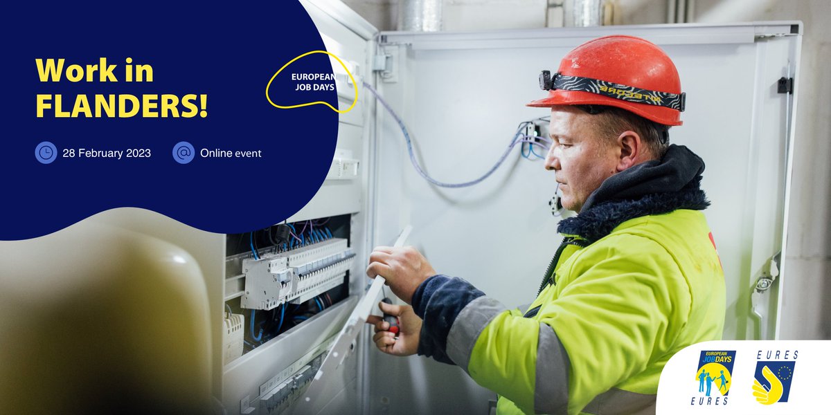 Your #JobMatch 👨‍💼 may be in the Flanders! 🇧🇪

Attend 🙋 the #WorkInFlanders event on 📅 28 February from ⌚ 10:00 to 16:00 CET to discover vacancies 🔎💼 for #Engineers and skilled #TechnicalWorkers.

Register now⬇
europeanjobdays.eu/en/event/work-…

#EURESjobs