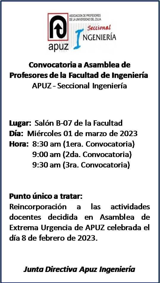 📢Convocatoria a Asamblea de Profesores de la <a href="/fingluz/">Facultad de Ingeniería LUZ</a> - Apuz Seccional Ingeniería 

🔵 Miércoles #1demarzo
🕘 8:30 a.m. (primera convocatoria)
📌 Salón B-07 de <a href="/fingluz/">Facultad de Ingeniería LUZ</a>