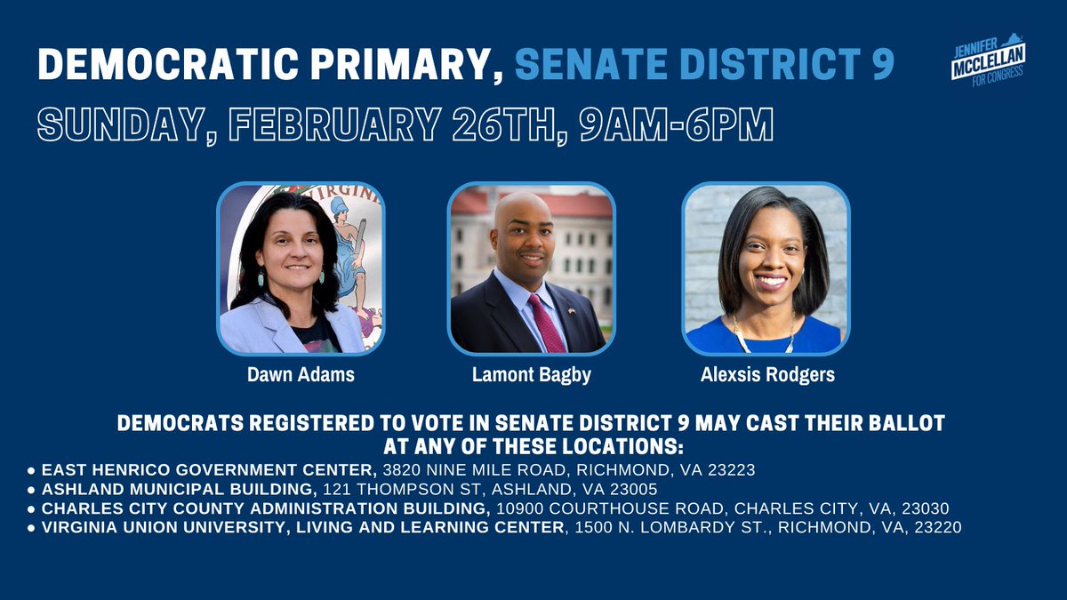 JennMcClellanVA's tweet photo. It’s been an extraordinary honor to represent SD9. 

Today is the day to chose my successor. 

Polls are open 9 am - 6 pm. You can vote at any of the four special voting locations.

Your vote is your power.

Use it! https://t.co/TzZenjnsDH
