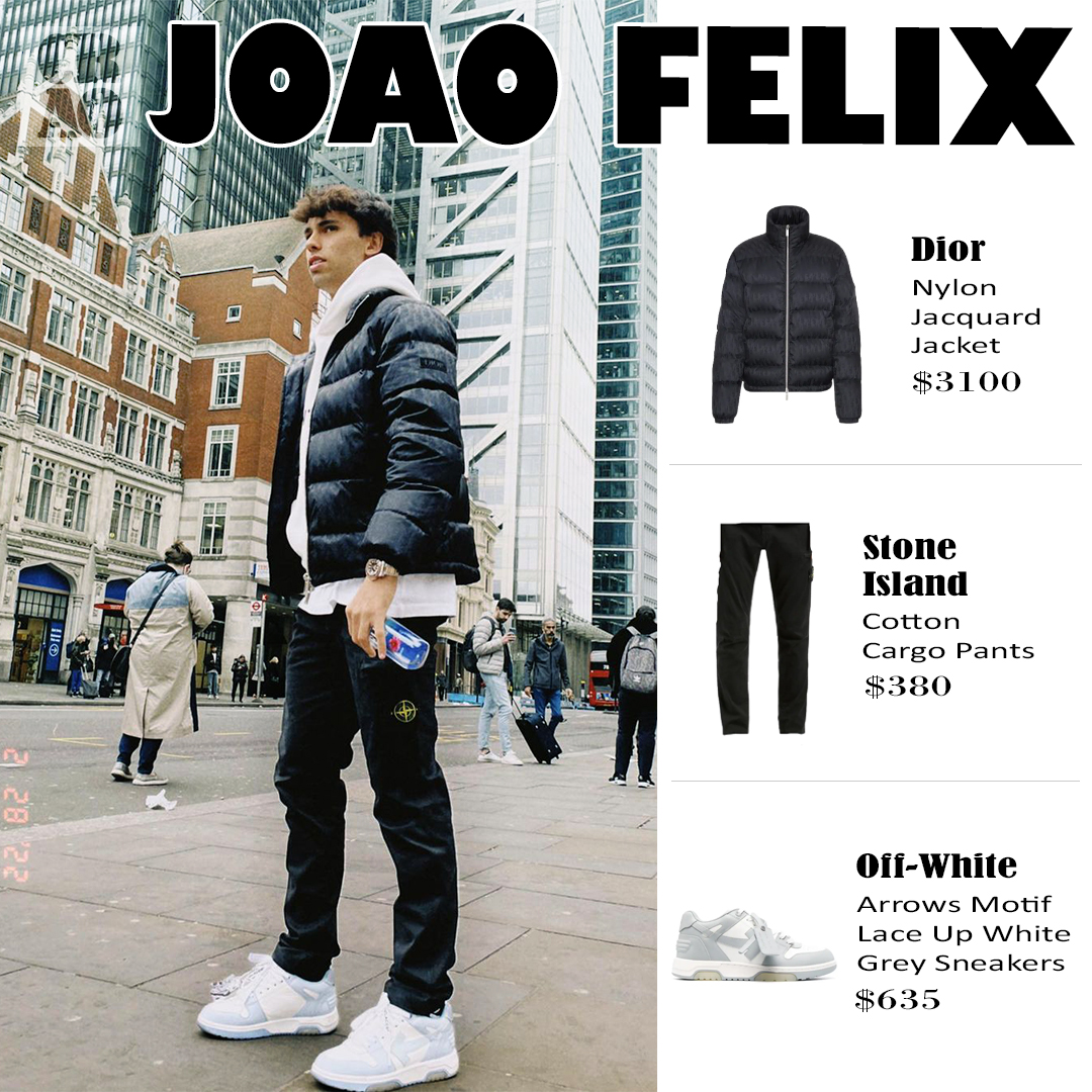 OfcaroStyle's tweet photo. Joao Felix wearing :
.
.
. @dior Nylon Jacquard Jacket ($3100)
.
. @stoneisland_official Cotton Cargo Pants ($380)
.
. @off____white Arrows Motif Lace Up White Grey Sneakers ($635)
.
.
#joaofelix #portugal #dior #diorjacket #stone #stoneisland #cargopants #offwhite #football https://t.co/P5OZ41lWcc