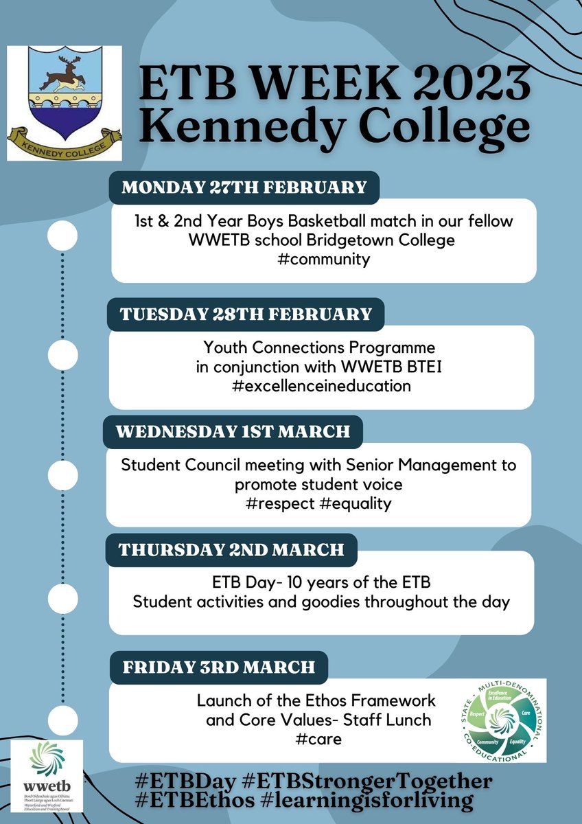 What's on in Kennedy College for ETB Week #ETBDay @wwetbofficial #etbstrongertogether #etbethos