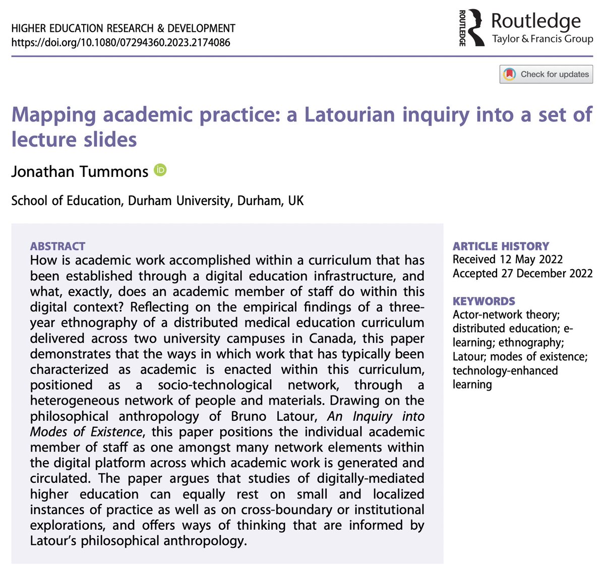 HERDJournal's tweet photo. Mapping academic practice: a Latourian inquiry into a set of lecture slides
@JonathanTummons, @DUSofE
→ https://t.co/4AUzvp59Lp
#ActorNetworkTheory #eLearning #Ethnography #ModesOfExistence #TechnologyEnhancedLearning #BrunoLatour #AcademicPractice #Latour #MedicalEducation https://t.co/RWNiVevJzL
