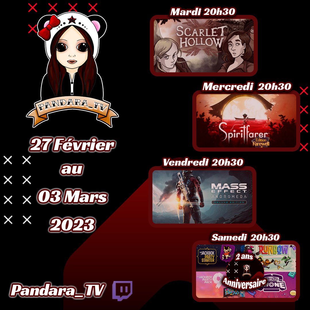 Pandara_Dark's tweet photo. Coucou vous!

Semaine prochaine:
Mardi : #ScarletHollow
Mercredi : #SpiritfarerEditionFarewell
Vendredi: #MassEffect Andromeda
Samedi: 2 ans de la chaîne! Soirée commu 🎉
#Thejackbox #Runbow
Bon dimanche les pandas !! 
Débazous💜

#indiegame #TwitchStreamers #twitchfr #planning https://t.co/jS9yWUALDK