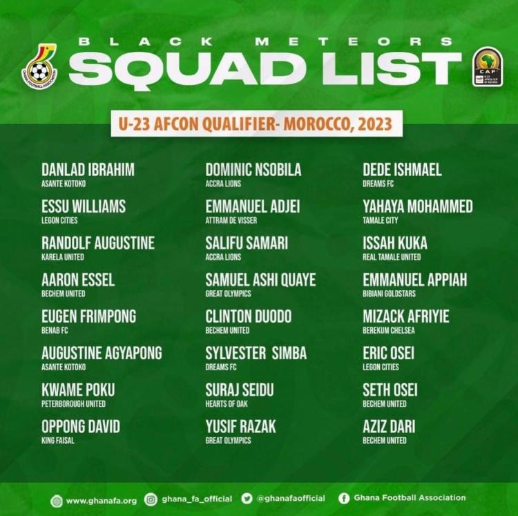 7SportsGhana's tweet photo. Head Coach of Ghana's Black Meteors (U-23), Ibrahim Tanko has handed call-ups to 24 players ahead of the U-23 AFCON qualifier slated for March, 2023.

The players will report at the Ghanaman Soccer Centre of Excellence, Prampram on Monday, February 27.

Below is the squad. https://t.co/1X8WU4gvy0