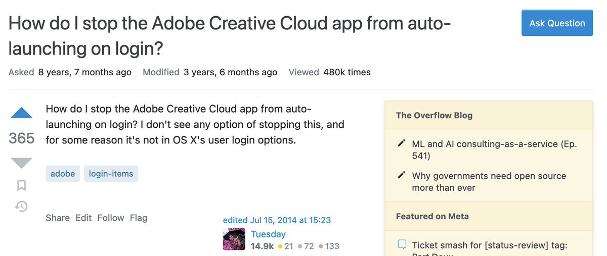 yzhong52's tweet photo. Isn't it concerning for Adobe that the most popular question about its product is how to disable the automatic launch of Adobe Creative Cloud? https://t.co/o8RTJ7i7Qa https://t.co/l56gBMiaOv