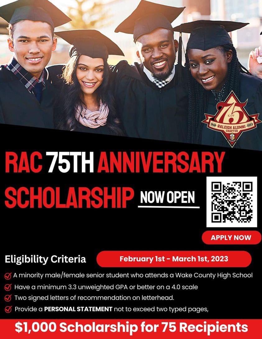 In conjunction with the Kappa Charitable Trust Fund, Inc. (KCTF), they have raised $75,000 to provide seventy-five $1,000 scholarships to underrepresented students in Wake County. 
Application closes March 1, 2023. 
#75for75 #capitalcitykappas #kctf #ReachOne