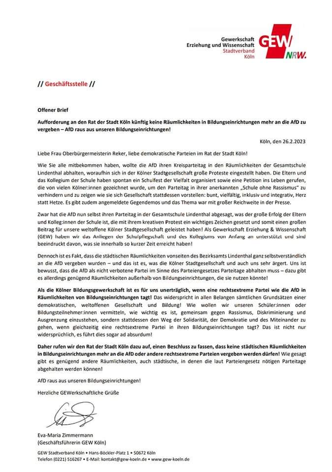Offener Brief an OB Reker &amp; den Rat der Stadt Köln: AfD und andere rechtsextreme Parteien raus aus unseren Bildungseinrichtungen‼‼

(Teilen zur Unterstützung unseres Anliegens explizit erwünscht!)