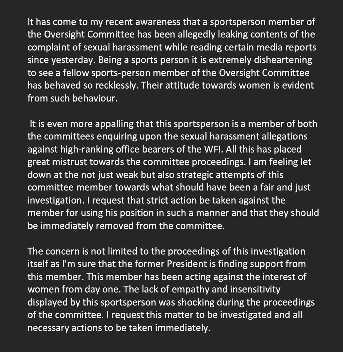 Phogat_Vinesh's tweet photo. Requirement of action against a member of oversight committee for leaking sensitive information to the press. @ianuragthakur https://t.co/cUPDDUXhaf