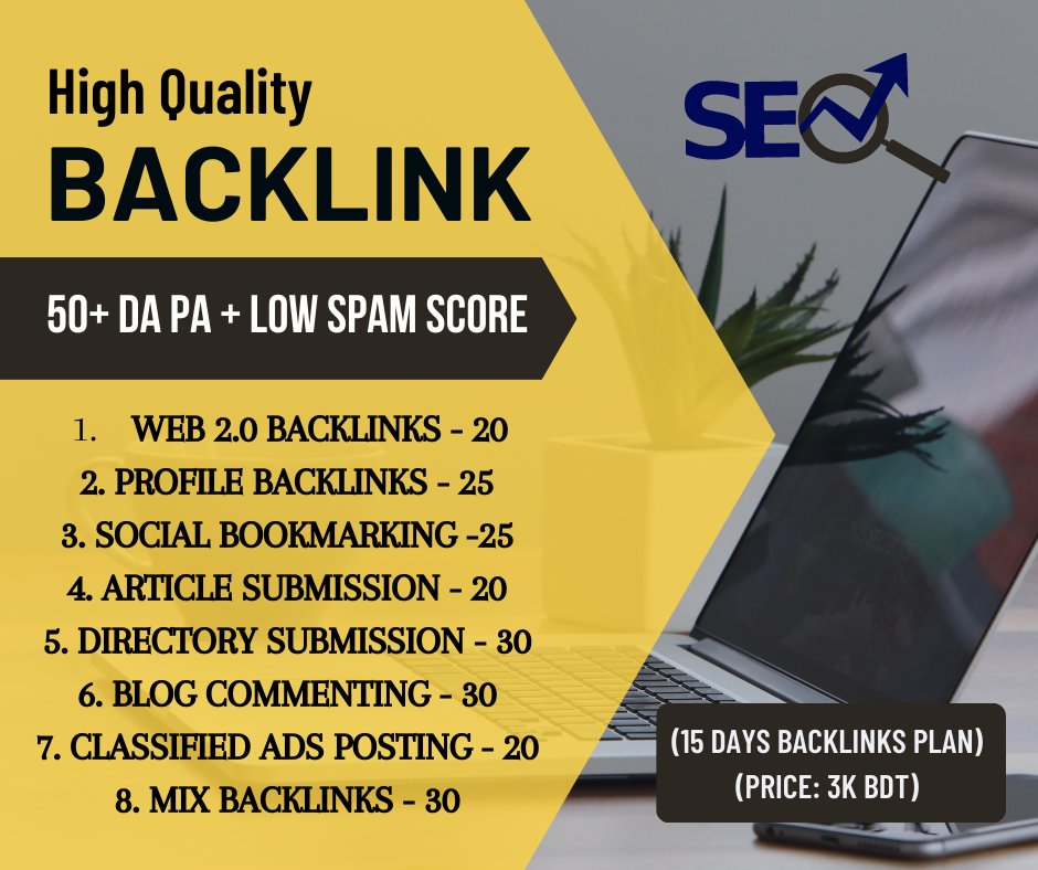 High Quality 200 Backlinks
It will help to increase your site's value and ranking
1. Web 2.0 backlinks -20
2. Profile backlinks -25
3. Social bookmarking -25
4. Article submission -20
5. Directory submission -30
6. Blog comment -30
8. Classified Ads post -20
9. Mix backlinks - 30