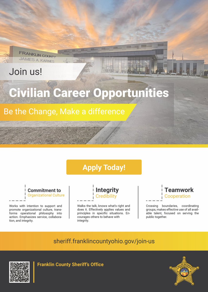 Civilian Career Opportunities!

We’re hiring for Corrections Services Coordinators! Be part of a great team with great benefits! Starting salary is $47,652!

#corrections #applytoday #wearehiring #fcso #bethechange #makeadifference #career #opportunity #columbusohio #franklinco