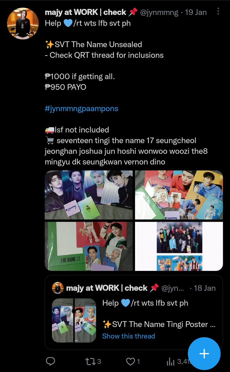 jynmmng's tweet photo. For tingi prices, ❗must take all to push

₱95 each pc 
₱100 each sector 17 pb
₱350 the name tingi set with pob

seventeen pc tingi fts attaca carver pob its2 the name heng ga re semi colon carat kit scoups wonwoo vernon dino mingyu jun joshua hoshi jeonghan seungkwan woozi dk https://t.co/uWH8rvahqy