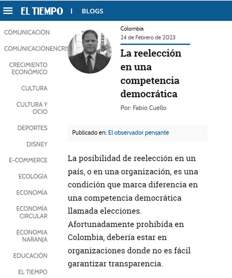FabioCuelloC's tweet image. @ELTIEMPO @eltiempoblogs #BlogsET  | Lea acá &apos;La reelección en una competencia democrática&apos;, por @FabioCuelloC blogs.eltiempo.com/el-observador-…
