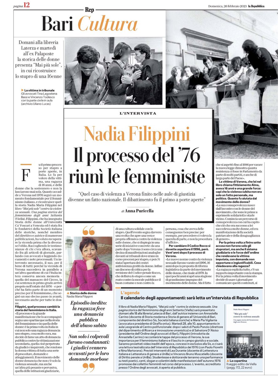 Oggi su la @rep_bari intervista di Anna Puricella a Nadia Maria Filippini autrice di “Mai più sole contro la violenza sessuale. Una pagina storica del femminismo degli anni Settanta” in occasione delle presentazioni che si terranno a Bari lunedì e martedì. bit.ly/3EhDe0Z