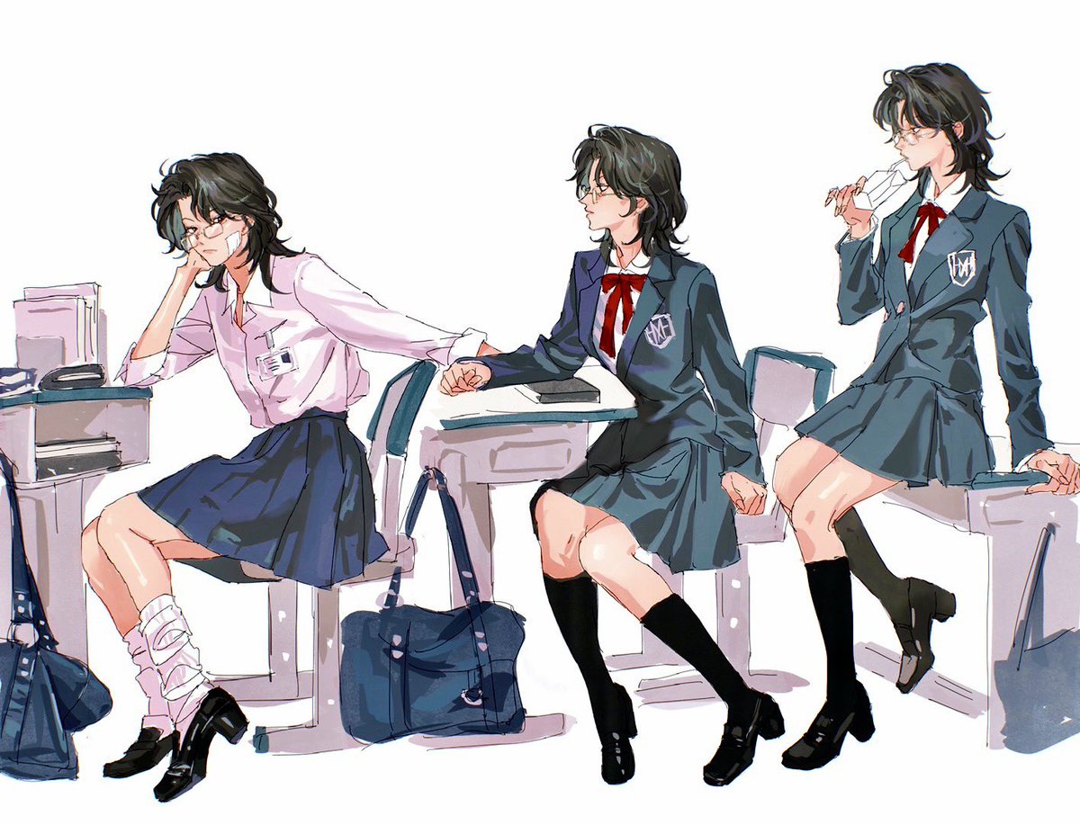 glasses school uniform skirt socks desk sitting jacket  illustration images