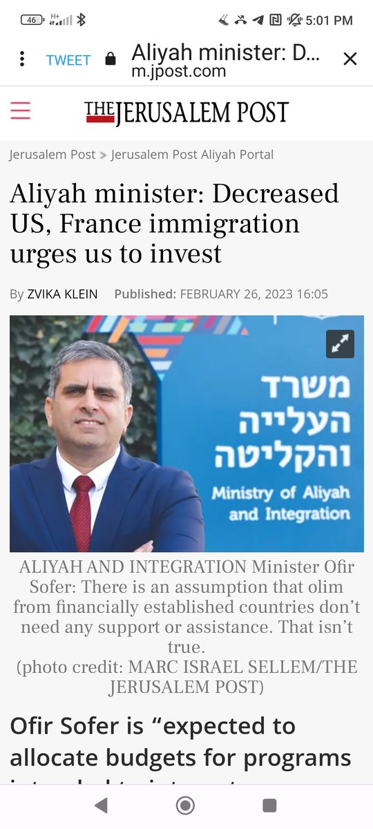 Aliyah minister: Decreased US & France aliyah (immigration to Israel) urges us to invest. The ministry will invest new budgets, hundreds-of-millons, geared towards aliyah from these countries. @Jerusalem_Post jpost.com/aliyah/article…