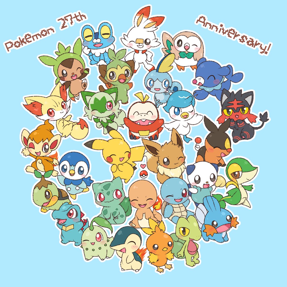 chikorita ,cyndaquil ,grookey ,litten ,mudkip ,oshawott ,piplup ,popplio ,rowlet ,scorbunny ,snivy ,sobble ,squirtle ,tepig ,torchic starter pokemon trio pokemon (creature) no humans smile open mouth closed eyes one eye closed  illustration images