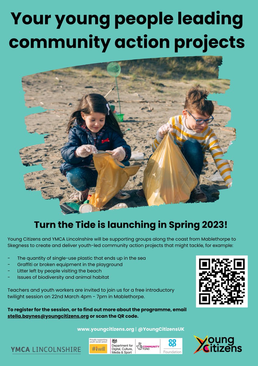 Exciting news! Young Citizens and YMCA Lincolnshire team up to support youth-led community projects along the coast, from Mablethorpe to Skegness. 

Teachers and Youth Workers, join us for a free intro session on 22nd March.

Scan QR to sign-up! 

#YouthAction #CommunityProjects
