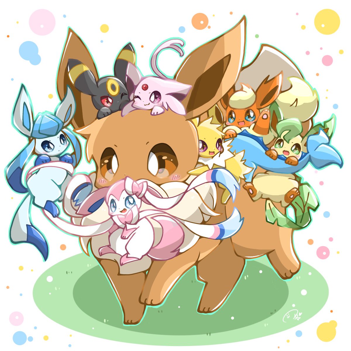 eevee ,glaceon ,leafeon ,sylveon ,umbreon no humans pokemon (creature) smile one eye closed open mouth blue eyes brown eyes  illustration images