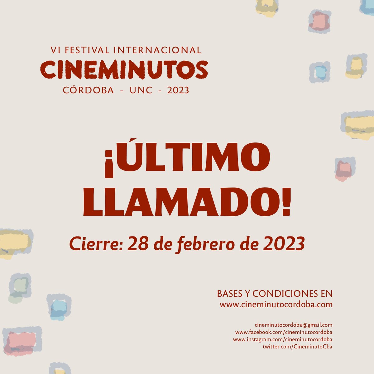 ¡Últimos llamado! - Tenés tiempo hasta el 28 de febrero.
Bases y condiciones: cineminutocordoba.com

<a href="/UncExtension/">Secretaría de Extensión | UNC</a> 
<a href="/unc_cordoba/">UNC</a> 
<a href="/RedRafma/">RAFMA</a>  
<a href="/festhome/">Festhome.com</a> 
<a href="/FilmFreeway/">FilmFreeway</a>