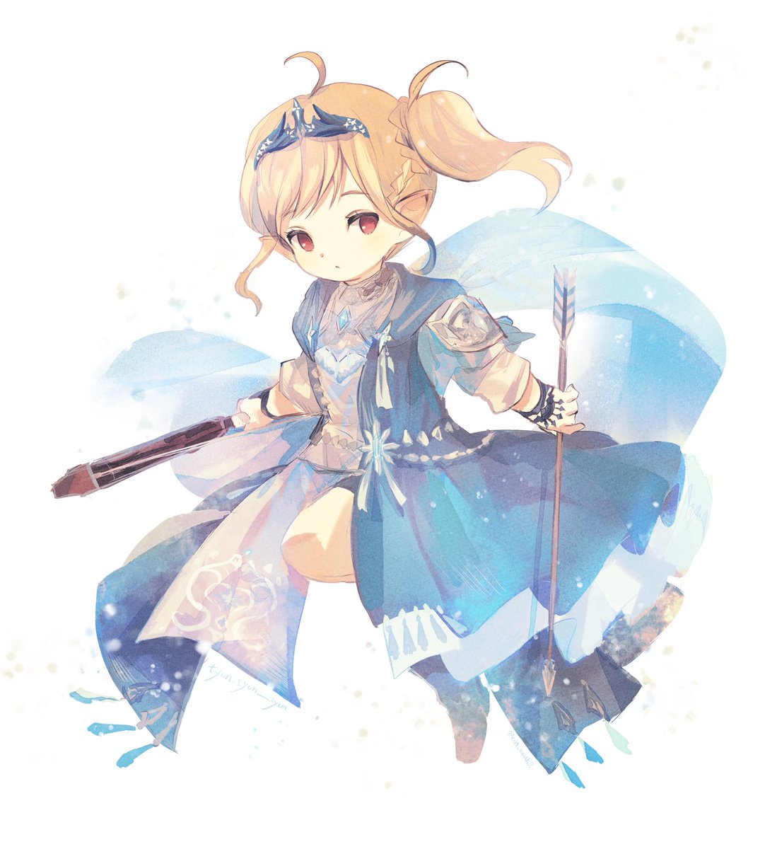 1girl lalafell solo red eyes weapon pointy ears blonde hair  illustration images