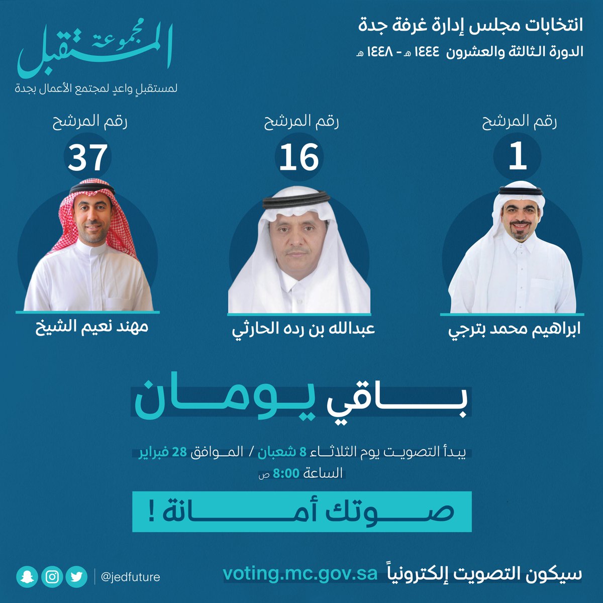 باقي يومين فقط لانتخابات مجلس إدارة #غرفة_جدة
صوتك أمانة! 
انتخب #مجموعة_المستقبل ... لنعمل معاً لجعل #جدة مركزًا اقتصاديًا في المنطقة. 
#مجموعة_المستقبل
 #غرفة_جدة 
#انتخابات_غرفة_جدة 
#جدة_الأن