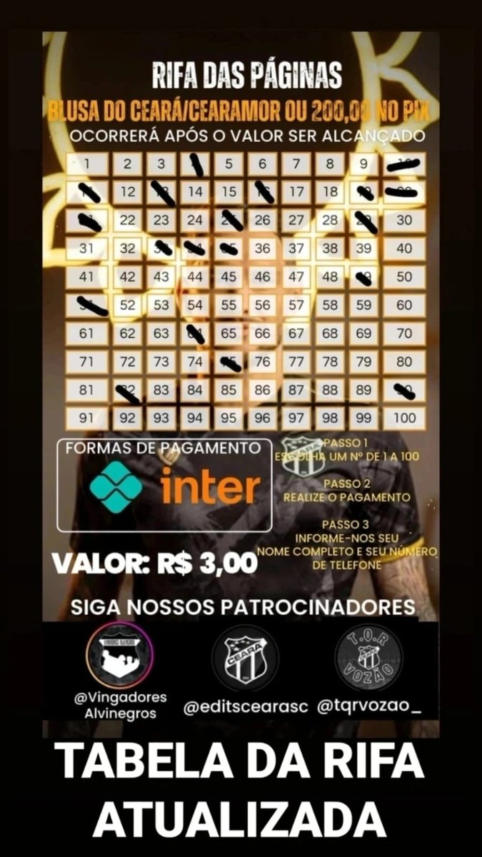 VingadoresCSC's tweet photo. Fala Nação Alvinegra

A página do instagram @editscearasc tá realizando esta rifa que está concorrendo 1 camisa do Ceará/Cearamor ou R$ 200,00 no pix. Por apenas R$ 3,00 cada ponto. Quem puder ajudar é só entrar em contato com este whatsapp 👇🏻

(85) 98522-8363 https://t.co/hX56dqGgr3