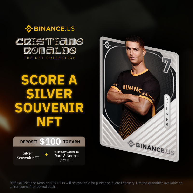 BinanceUS's tweet photo. Score your legendary moment with the @Cristiano Ronaldo Souvenir NFT Collection! 

Don't miss out, claim your piece of sports history now on https://t.co/AZwoBOgsqS!