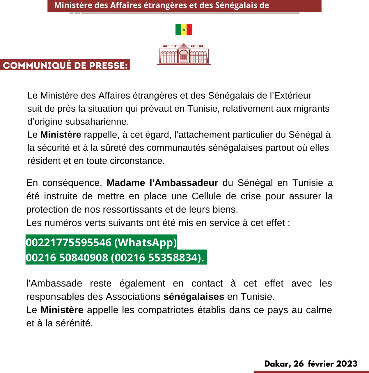 Le Sénégal met en place deux numéros verts pour aider ses ressortissants en Tunisie (Communiqué)