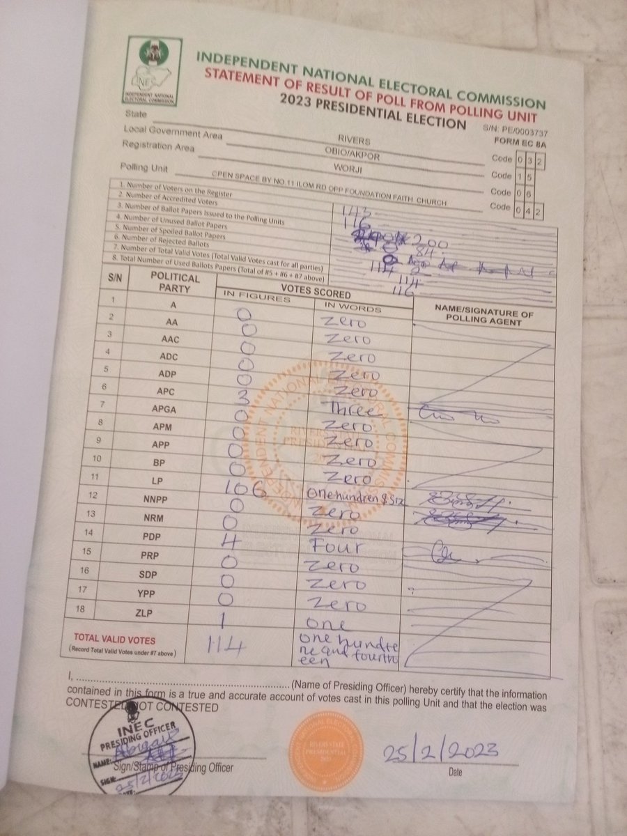 EugeneUcyEjili's tweet photo. In case I am no longer here, these are the results of my polling unit, Ward 6, unit 042, Woji, Obio/Akpo LGA of Rivers State. https://t.co/gEDg6Ondbb