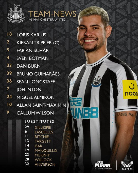 Team news v Manchester United: Karius, Trippier (C), Schär, Botman, Burn, Bruno, Longstaff, Joelinton, Almirón, Saint-Maximin, Wilson. Subs: Gillespie, Lascelles, Ritchie, Targett, Isak, Manquillo, Murphy, Willock, Anderson. 