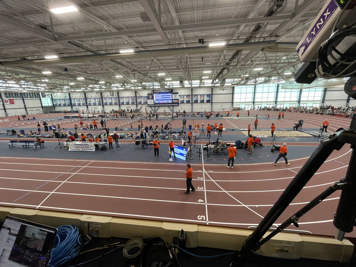 oldschooltrack's tweet photo. It’s the best seat in the house at @PennStateTFXC for today’s #PTFCA indoor finale. My call is minutes away LIVE on @PennTrackXC https://t.co/G84EmFQW51