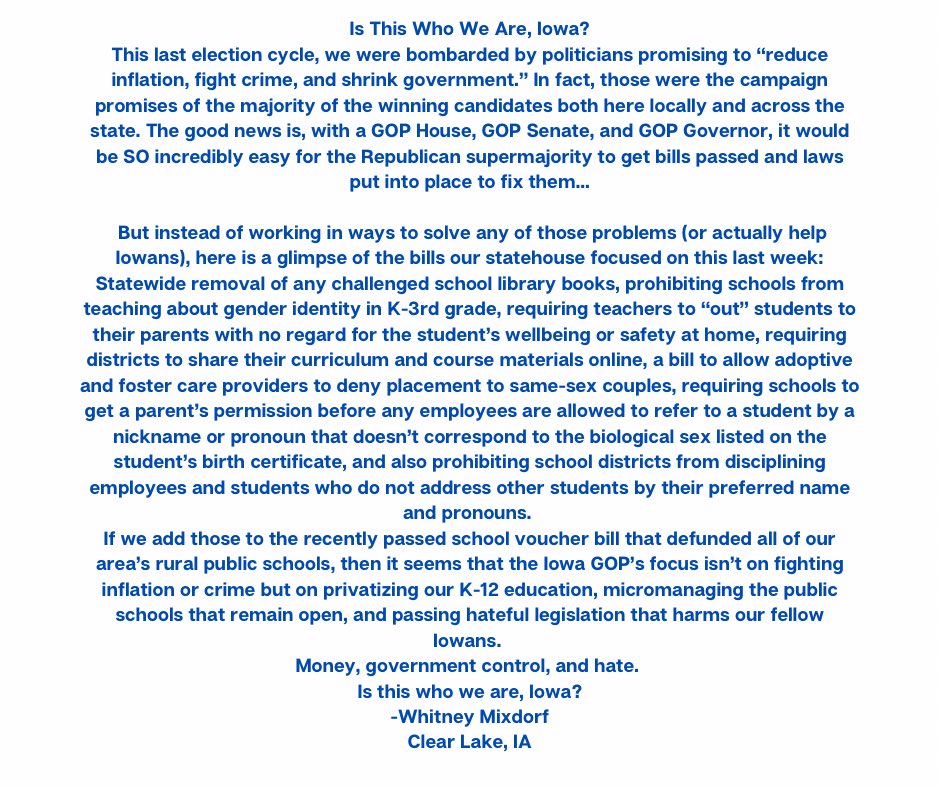 MixdorfForIowa's tweet photo. My letter to the editor in today’s Globe Gazette: https://t.co/DuLfp0rN2T