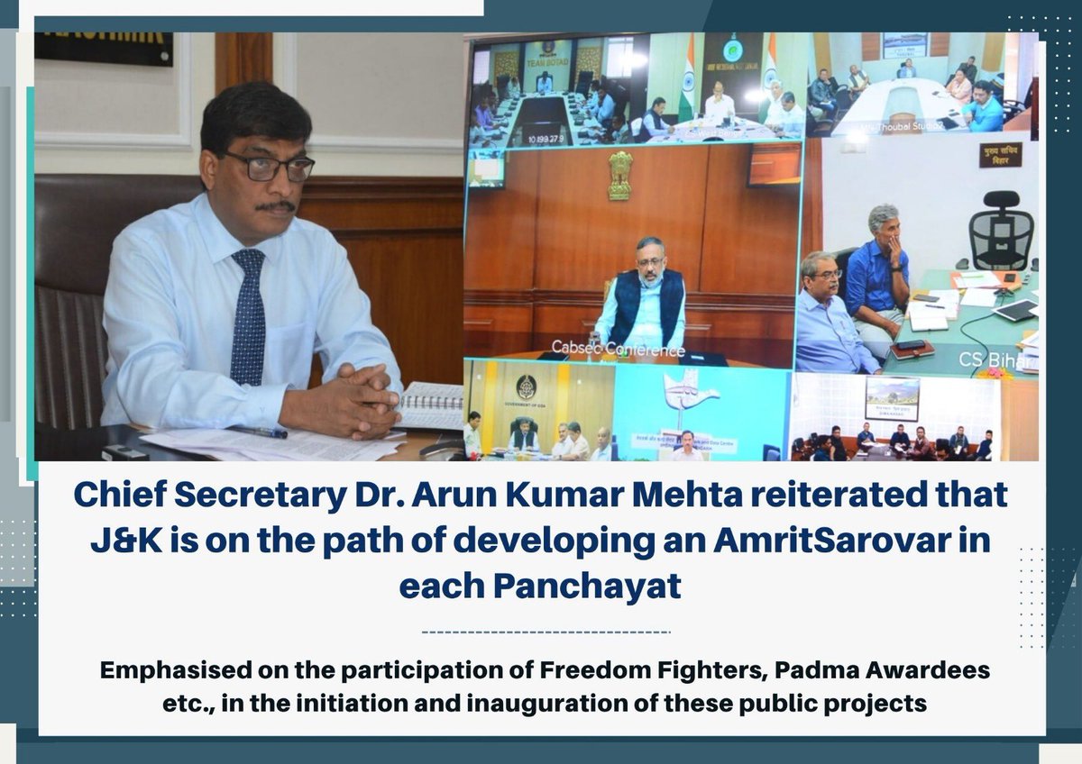 #ArunKumarMehta reiterated that #JK is on the path of developing an #AmritSarovar in each #Panchayat, emphasised on the participation of #FreedomFighters, #PadmaAwardees etc. in the initiation and inauguration of these public projects.

@PMOIndia @OfficeOfLGJandK @mopr_goi