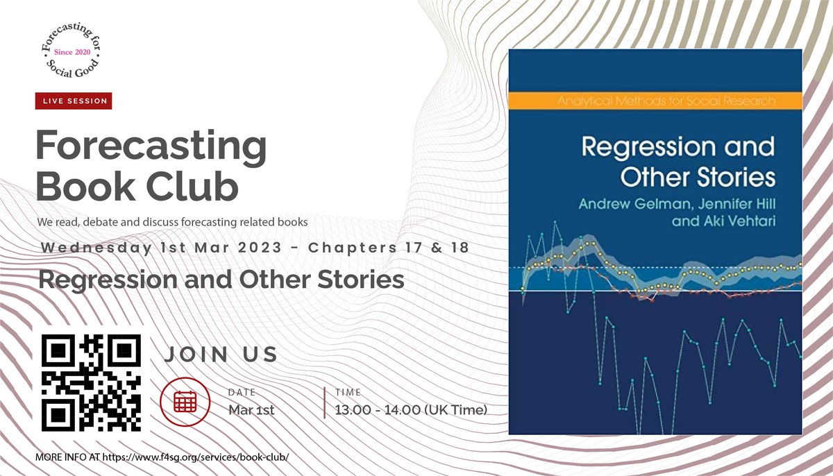 FSG_forecast's tweet image. Hi everyone,
We read Chapters 17 and 18  of "Regression and Other Stories" on Wednesday, March 1st, at 1 pm (UK time).
Here is the link to the book: lnkd.in/d5k4iDji
Join the Forecasting Book Club Slack Channel: lnkd.in/g3Mzpq8X
#F4SG #Forecasting #FBB