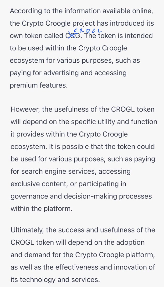 $CROGL 📱
I asked #ChatGPT about the @Croogleapp project and the usefulness of its token.
Here are several answers.
Bot Tg is alive.
The full app will be launched in Q2

🔆$120K MCAP🔆
$BTC $ETH #Bitcoin #AI #Crypto #Croogle #cryptocurrency $VRA #BTC #ETH #Meme #Metaverse #Google
