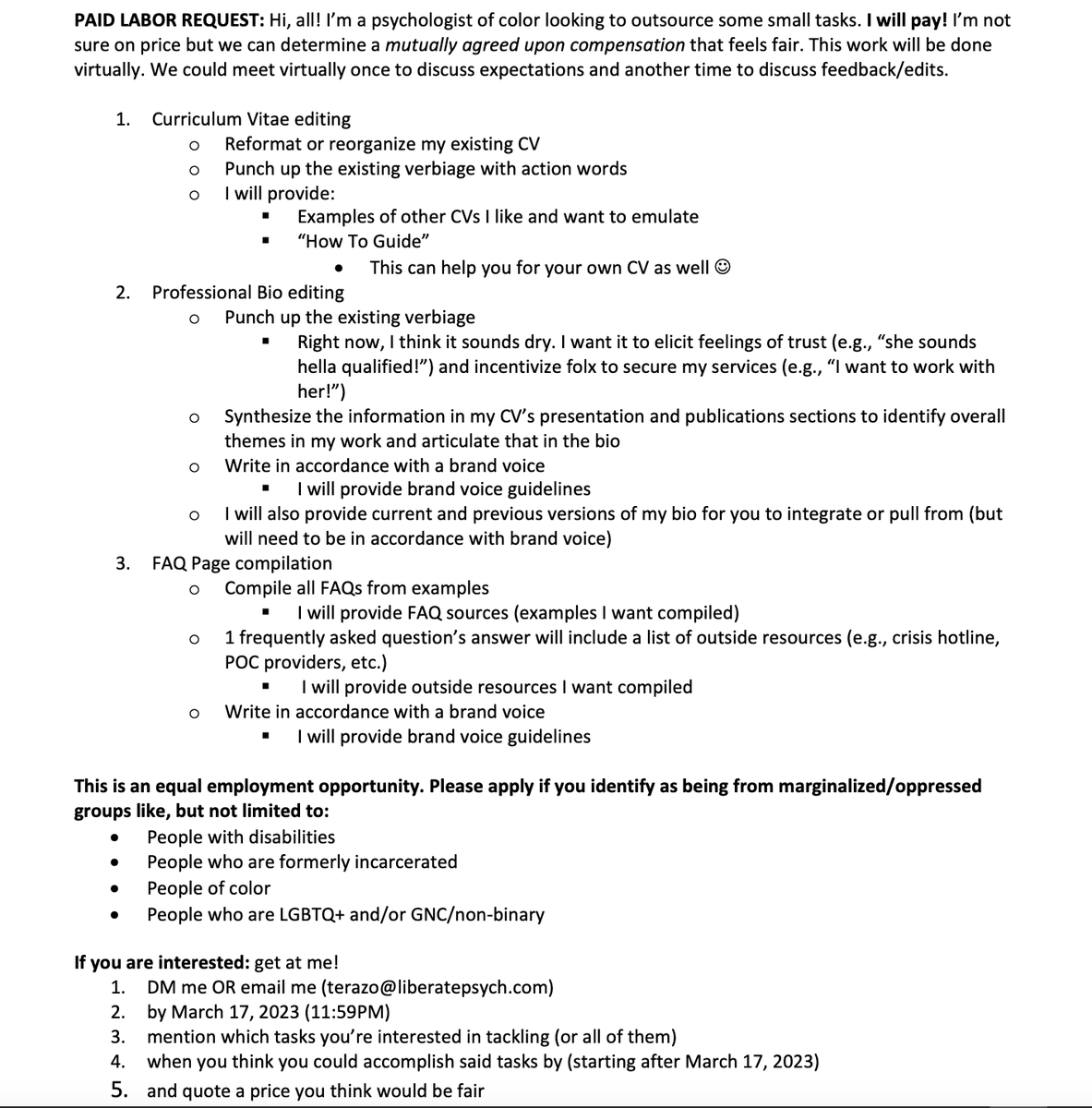 iamtanyaerazo's tweet photo. Hola gente 🥰 I wanna pay a psych-minded wordsmith for 3 small tasks I've been neglecting. This isn't a full-time employment opportunity. I hope to hear from you before March 17, 2023. See photo for details! Gracias 🌞 #DisabilityTwitter #PsychTwitter #LatinxSTEM #BanTheBox https://t.co/IRmge0cWDG