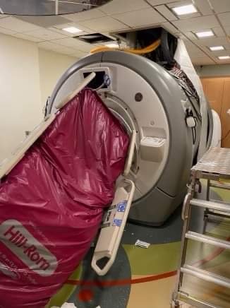Within the last week in US. MR tech on-duty, not in the magnet room. MR table was out of the magnet room. Nurse and tech-aide brought patient-on-gurney into magnet room. Patient thrown (patient relatively unharmed). Nurse struck reported fract. femur and pelvis. #MRIsafety #MRI