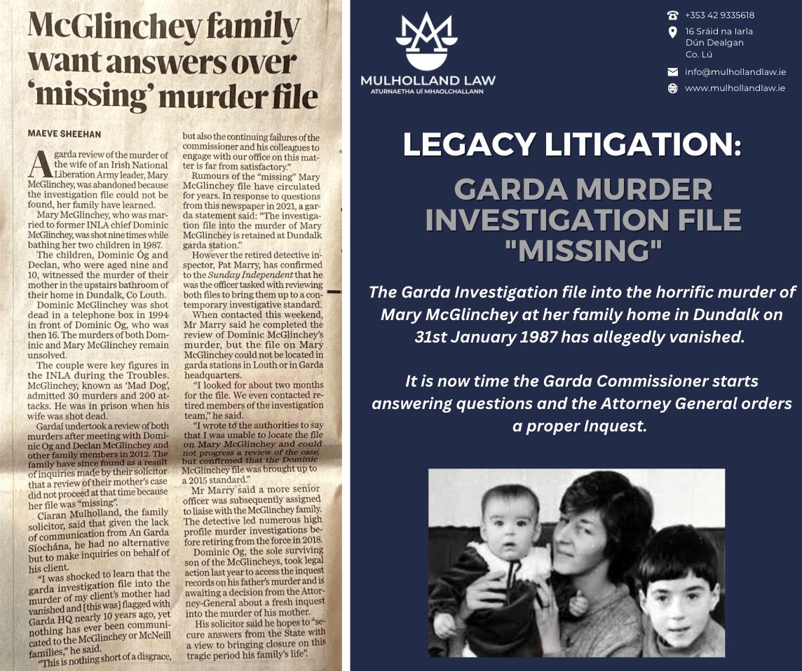 LAWMulholland's tweet image. The Garda Investigation file into the horrific murder of Mary McGlinchey at her family home in Dundalk on 31st January 1987 has allegedly vanished.

 #MulhollandLaw #LegacyLitigation #MissingFiles #MaryMcGlinchey