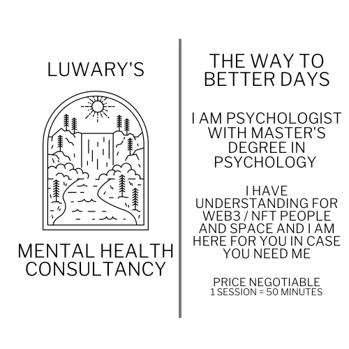 quibble203's tweet photo. I am introducing MENTAL HEALTH CONSULTANCY aimed for NFT / WEB3 users. 

It can be either anonymous or video call (it is up to you)

For more information DM me.

#mentalhealth #Crypto #Web3 #NFT #Solana #SOL #Ethereum #ETH https://t.co/9UyBq3f8IY