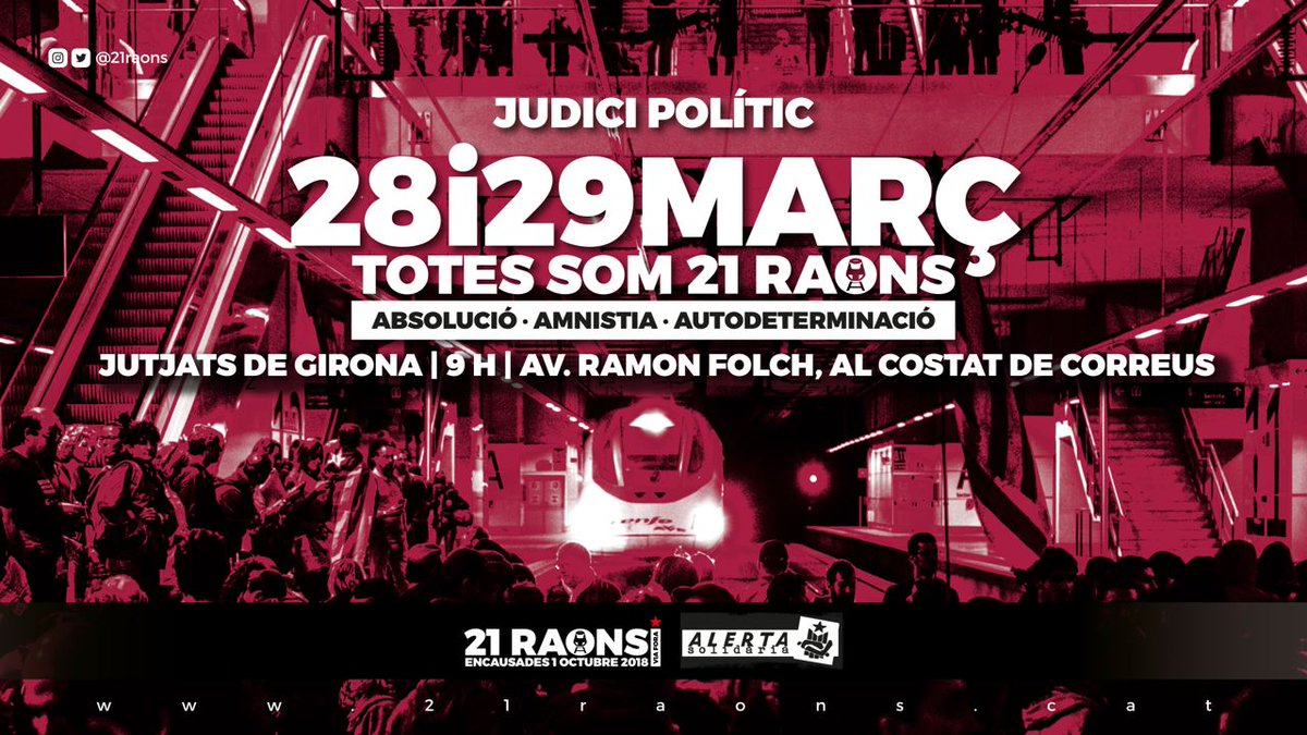 21raons's tweet photo. ❗ JUDICI POLÍTIC ❗
🗓️28 I 29 de MARÇ
#TotesSom21Raons
🔊Sandra, Lluís, Berta i Òscar
ABSOLUCIÓ ❗ https://t.co/CI4Ts45c4k