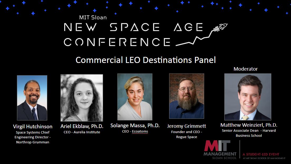 Here is the lineup for the Commercial LEO Destinations Panel! Joining us will be Virgil Hutchinson from @northropgrumman, Ariel Ekblaw from the Aurelia Institute, Solange Massa from @Ecoatoms, & Jeromy Grimmett from Rogue Space Systems, and Matthew Weinzierl from @HarvardHBS.