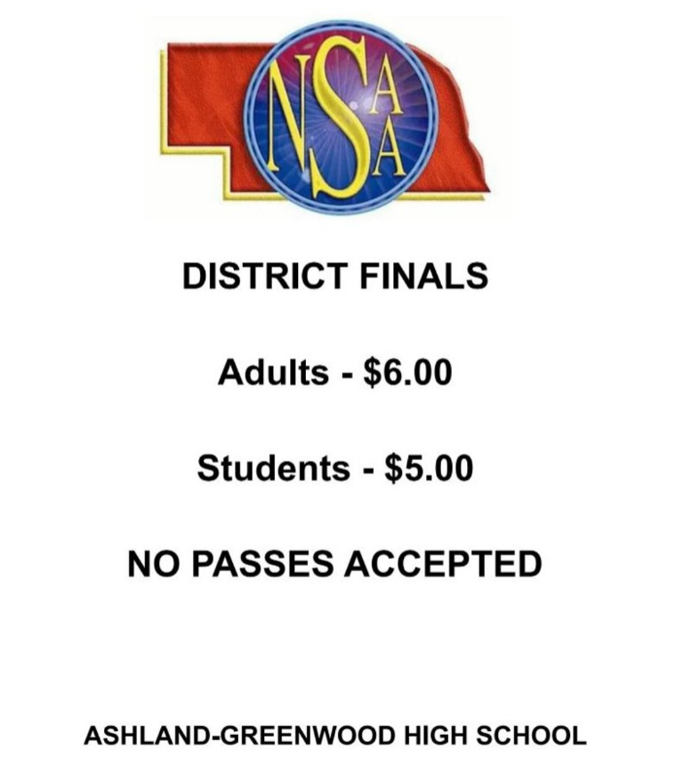 Ashland-Greenwood boys basketball will host Winnebago HS on Monday, February 27 in a District Championship game at AGHS.  
Game time: 7:00 pm. 
Doors open: 5:45 pm.
No passes accepted.