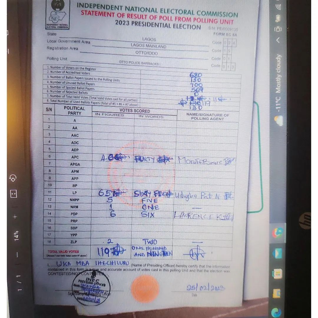 OurAreaDotCom's tweet photo. Picture of a tampered polling unit result from one of the polling units Tinubu won in Lagos. This is sad.

#nigeriadecides2023 https://t.co/ijdgUNeU53