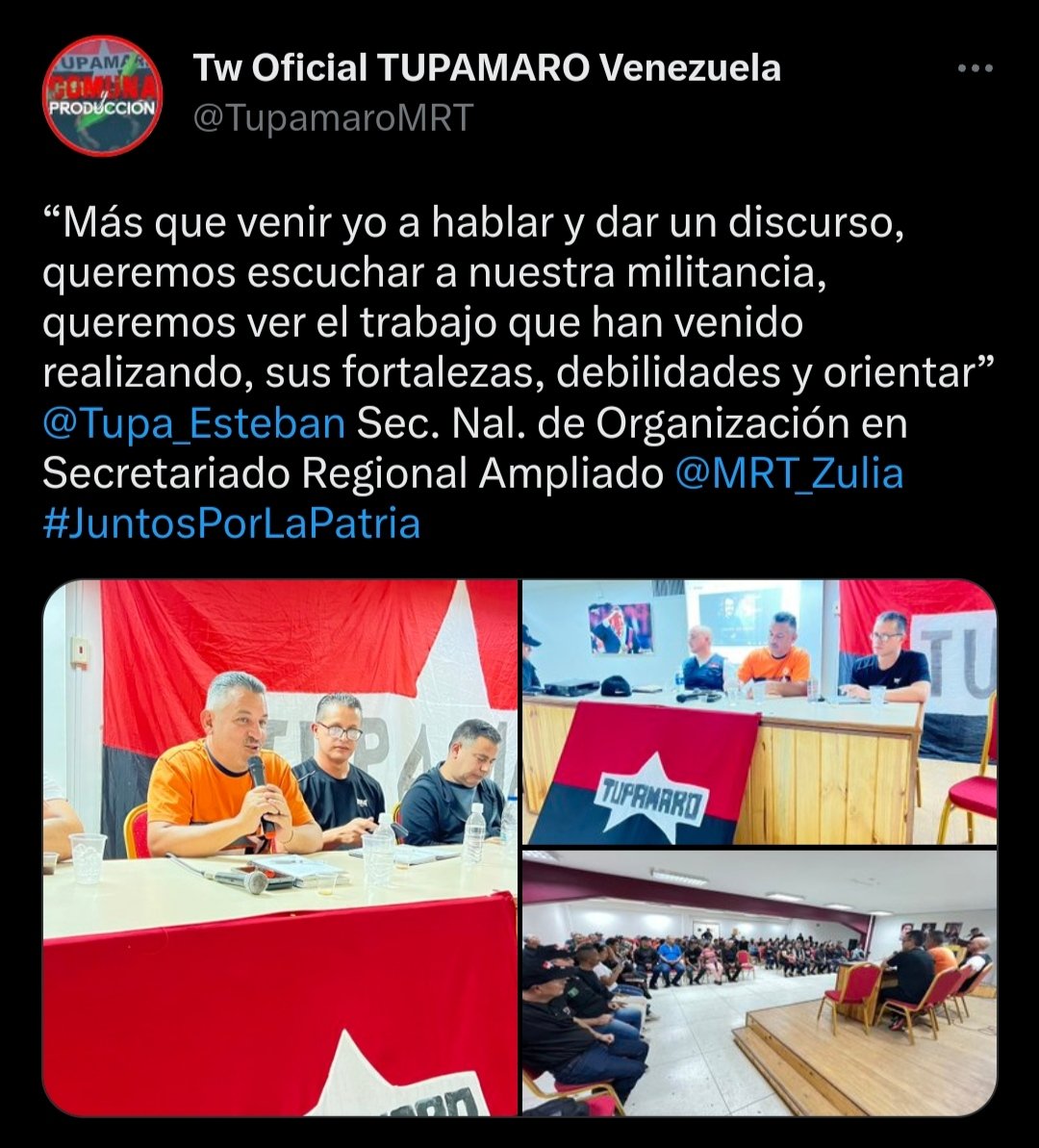<a href="/MRT_Zulia/">TW oficial MRT Zulia</a> le damos la bienvenida a integrantes  de la dirección Nacional y a la militancia del glorioso partido tupamaro, la organización orgánica y el intelectual colectivo para la victoria en el combate! Tupamaro ejemplo de lucha <a href="/Tupa_Esteban/">Esteban Fernández</a> <a href="/WBenavides_MRT/">Williams Benavides</a> @HAbreuMRT
