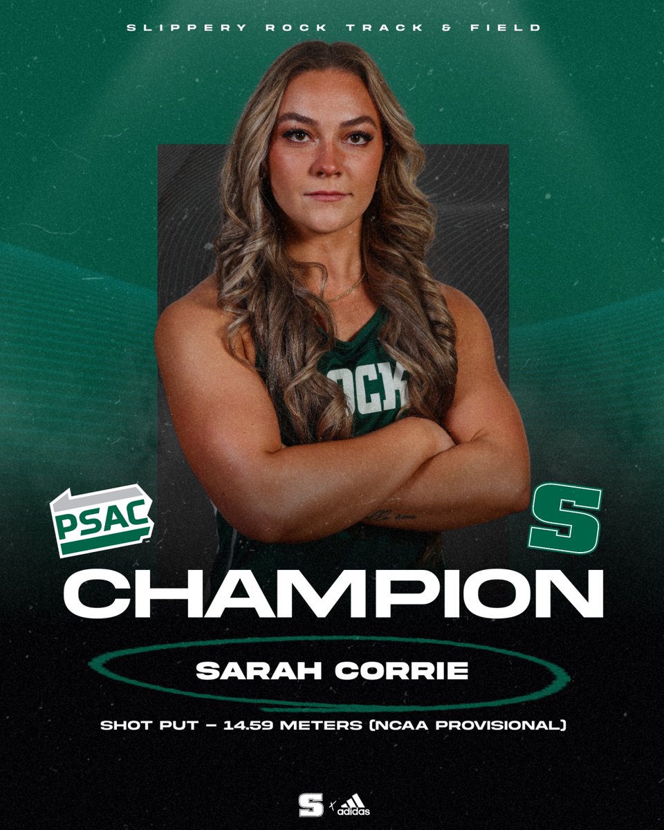 Rock_Athletics's tweet photo. WT&amp;F: Another champion! Sarah Corrie throws a huge career-best to win the PSAC title in the shot put with an NCAA provisional mark of 14.59 meters! She moves all the way up to No. 14 in DII with that throw. https://t.co/QyCbsWTLyj